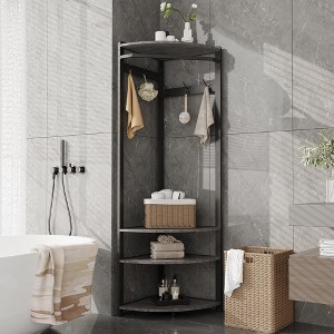 Coat Stand Corner Tree with Shoe Bench, 6 Hooks and Storage Shelf, Freestanding Coat Stand with 3 Shelves, Shoe Bench - 1 of 4