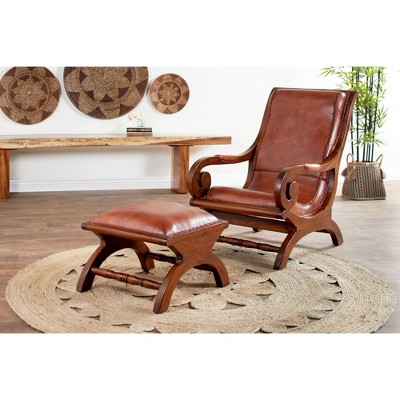 Handcrafted Brown Leather and Teak Wood Accent Chair with Ottoman