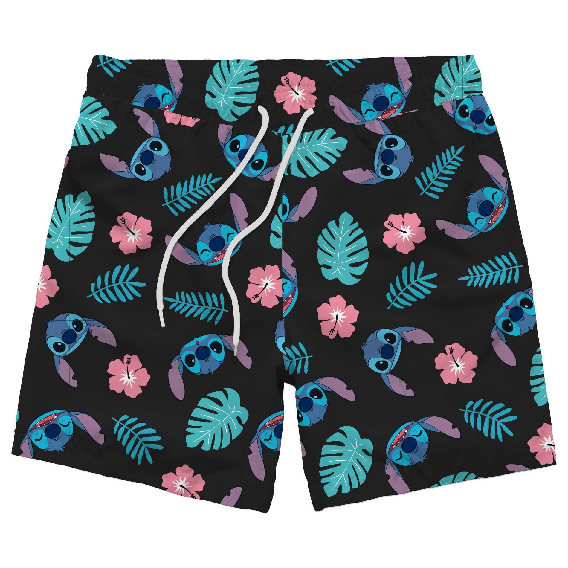 Men's 7" Stitch Leaf Print Swim Shorts - Black