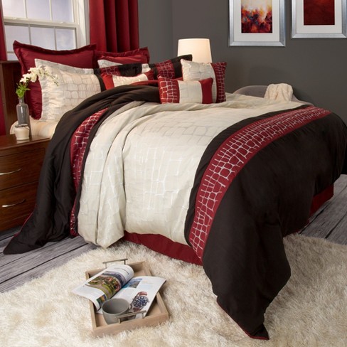 Ashley 10 Piece Comforter Set King Burgundy Yorkshire Home