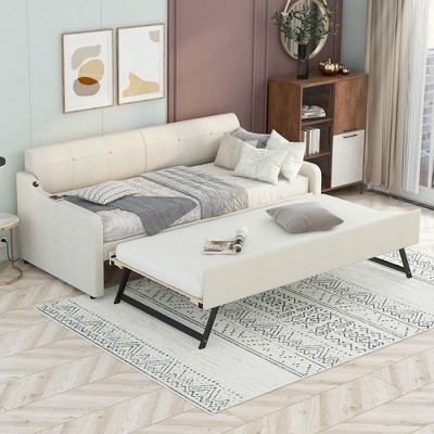 NicBex Twin Size Upholstered Daybed Modern Wooden Bed Frame with Adjustable Trundle and Ports for Bedroom, Living Room, No Box Spring Required