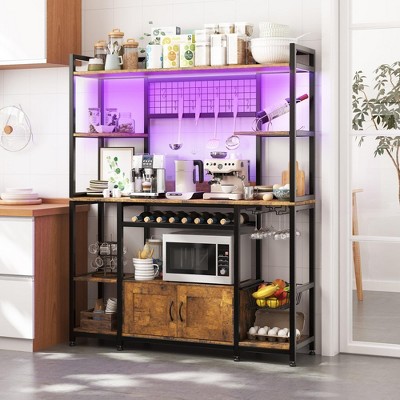 55" Bakers Rack with Power Outlet and LED Light, 5-Tier Kitchen Microwave Stand Coffee Bar with Storage