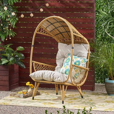 Outdoor Boho Wicker Standing Basket Egg Chair,Faux Rattan Lounge Chair with Water-Resistant Cushion,Wicker Stationary Patio Egg Chair-Coolbibila