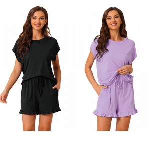 INSPIRE CHIC Women's 2 Pcs Summer Soft Short-Sleeve Tee with Ruffled Shorts Lounge Pajama Set - 1 of 4