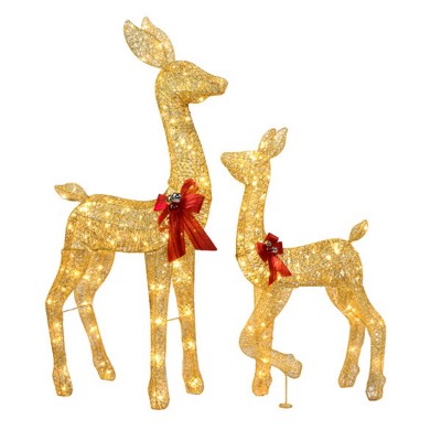 Syemin Decorative Holiday Scene Props 2-Piece Lighted Christmas Deer Family Outdoor Yard Decoration SetChristmars Decor, Gold, 7.9"*22.1"*53.9"