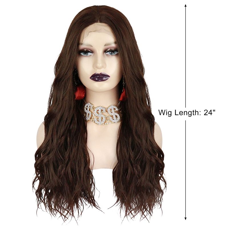 Unique Bargains Long Body Wave Lace Front Wigs Women's with Wig Cap 24" Dark Brown Synthetic Fibre 1PC, 2 of 5