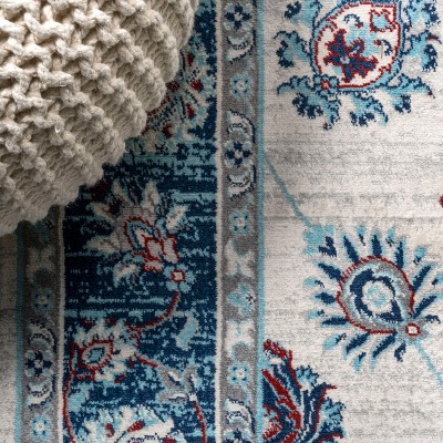 Elegant Vintage Floral 5' Round Area Rug in Blue, Ivory, Red