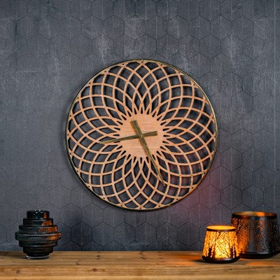 23.75" Round Lattice Natural Wood Wall Clock with Bronze Frame