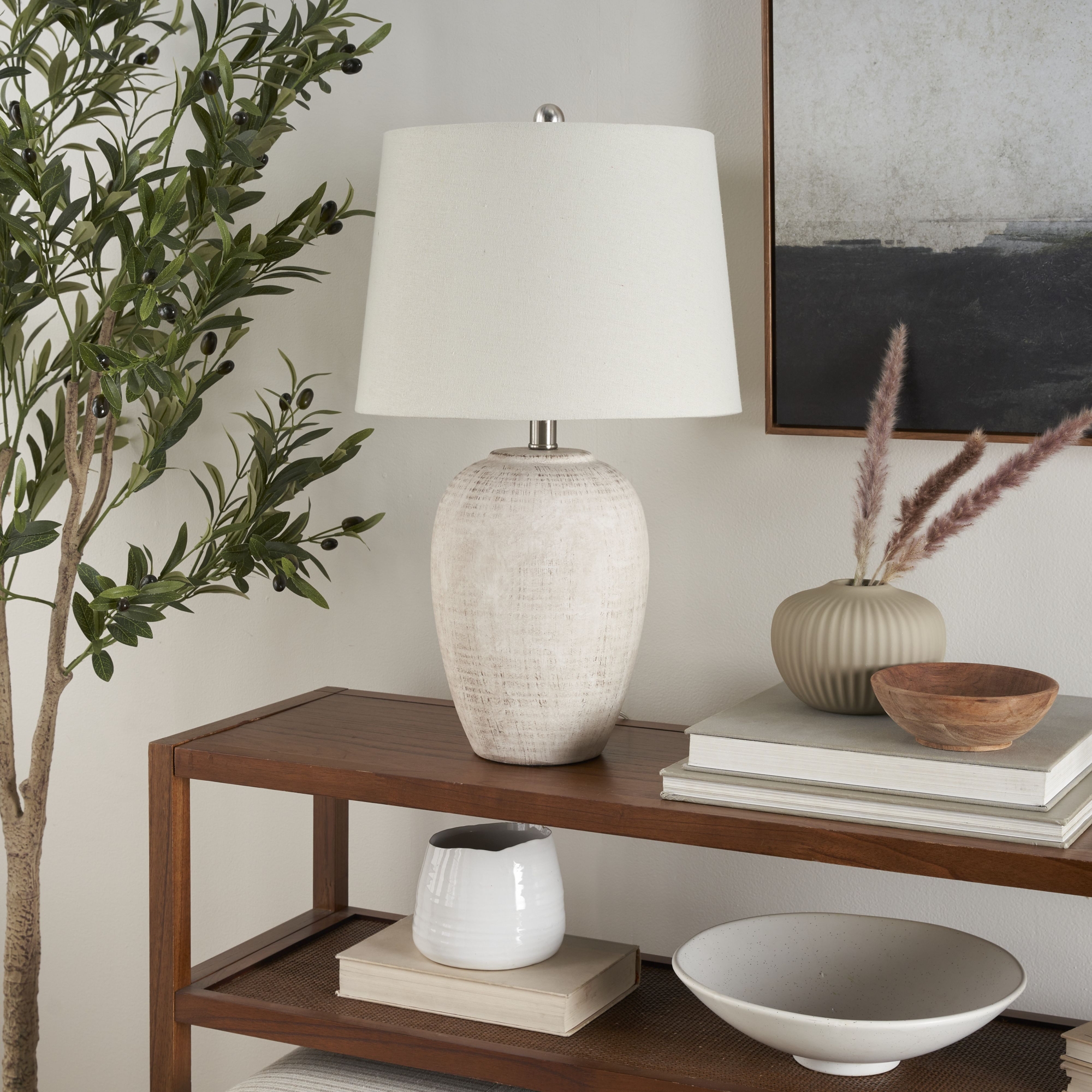 Nourison 23" Distressed Beige Ceramic Urn Table Lamp
