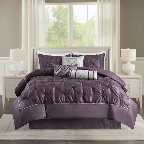 Madison Park 7Pcs Ultimate Touch BIAB Comforter Set, Solid Color Plain Weave Bedding Set with Matching Shams & Decorative Pillow, Plum, Queen