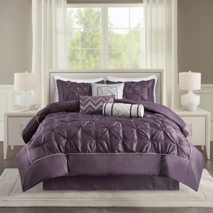7 Pcs Faux Silk Bedding Set, Solid Color RIAB Royal Style Comforter Set, Tufted Dimensional Design Smooth Edge Comforter with Matching Pillow Cases - 1 of 4