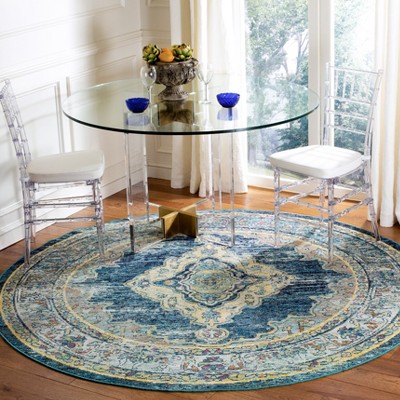Blue Tufted Round Washable Synthetic Area Rug