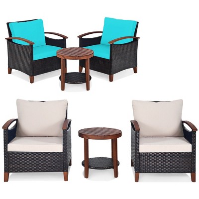 Tangkula 3PCS Patio Wicker Sofa Set Acacia Wood Frame w/ Cushion Covers Beige & Turquoise
