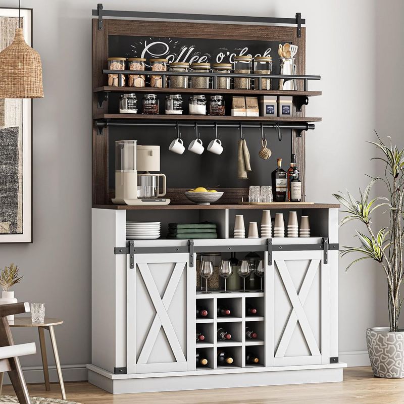 Coffee Bar Cabinet, Farmhouse Buffet Cabinet with Storage, 75" Tall Bar Cabinet Kitchen Buffet Sideboard with Sliding Barn Door and Blackboard, 2 of 8