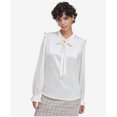Calvin Klein Womens Textured Satin Tie Neck Ruffled Pullover Blouse