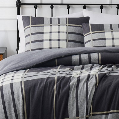 Milo Plaid Twin XL Gray Cotton Flannel Duvet Cover Set