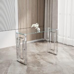 Stainless Steel & Glass Console Table, Modern Minimalist Side Table with Transparent Top, Silver Metal Frame - 1 of 4