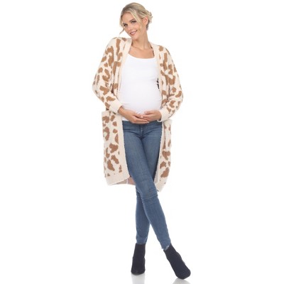Maternity Leopard Print Open Front High Pile Fleece Coat -White Mark