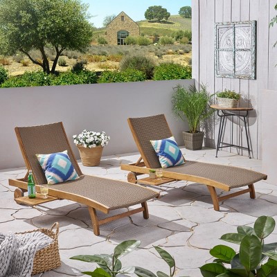 Set of 2 Outdoor Reclining Chaise Lounge Chairs, Wood Frame with Woven Wicker Seat, Adjustable Backrest and Brown Finish-The Pop Home