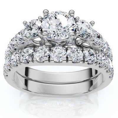 Pompeii3 1 3/4Ct 3-Stone Diamond Engagement Wedding Ring Set 14k Gold or Pt Lab Created