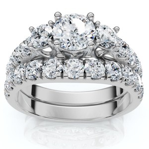 Pompeii3 1 3/4Ct 3-Stone Diamond Engagement Wedding Ring Set 14k Gold or Pt Lab Created - 1 of 4