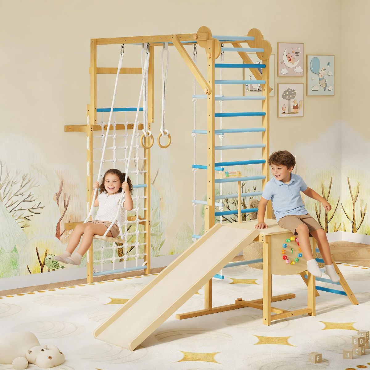 8-in-1 Indoor Jungle Gym Set with Slide Swing Monkey Bar Wooden Climbing Structure for Kids Ages 3-10