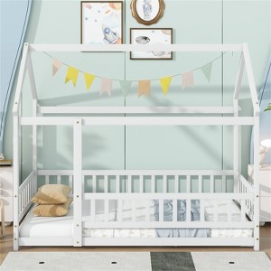 RISOKEYS Twin Size House Floor Wooden Bed - Natural Wooden House Floor Bed with Roof Frame, Rubber Wood Guardrails, No Box Spring - 1 of 4