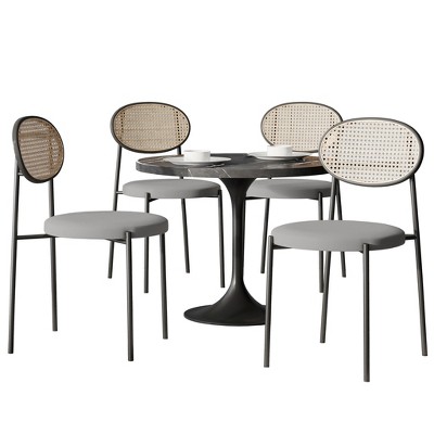 LeisureMod 5-PC Dining Set - 36" Round Dining Table Sintered Stone Top & Black Pedestal, 4 Velvet Dining Chairs in White Steel Legs