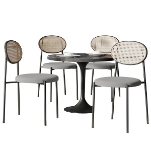 LeisureMod 5-PC Dining Set - 36" Round Dining Table Sintered Stone Top & Black Pedestal, 4 Velvet Dining Chairs in White Steel Legs - 1 of 4
