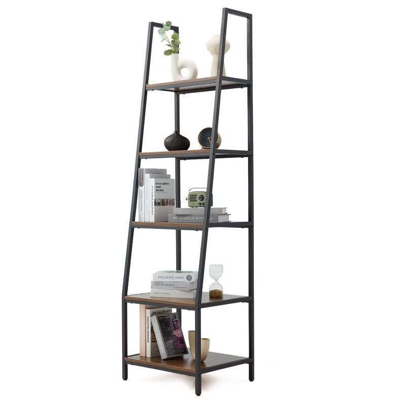 JOMEED CC80 Industrial Freestanding Durable 72 Inch 5 Tier Open Shelf Ladder Bookcase with Rubber Feet and Wall Bracket, Gray and Brown, 2 of 7