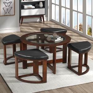 Solid Wood Glass Top Coffee Table with Stools - 1 of 4