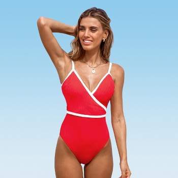 Women's Classic Cool Red & White V-Neck One-Piece Swimsuit - Cupshe