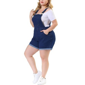 Agnes Orinda Women's Plus Size Adjustable Strap Pocket Roll Hem Denim Overall Jean Shorts - 1 of 4