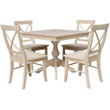 Set of 5 36"x36" Cassandra Square Top Pedestal Table with 4 X Back Chairs Dining Sets Unfinished - International Concepts