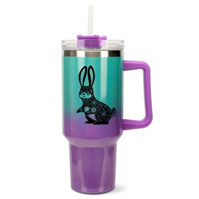 Elanze Designs 40 Ounce Ombre Travel Tumbler With Straw and Lid Stainless Steel Double Wall Insulated Gentle Floral Rabbit Teal and Purple Glitter