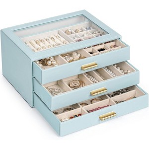 Leather Jewelry Box with Clear Lid, 2-Drawer Storage Organizer Case for Necklaces, Rings, Earrings, Bracelets - 1 of 4