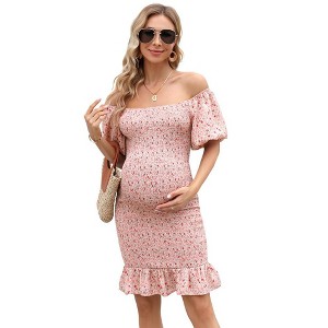 LXT-Women's Maternity Off Shoulder Smocked Ruffle Hem Dress - 1 of 4