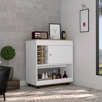 VYNXARIA Bar Cart Aloha, Lower Panel, Six Bottle Cubbies, One Cabinet, Light Oak / White Finish