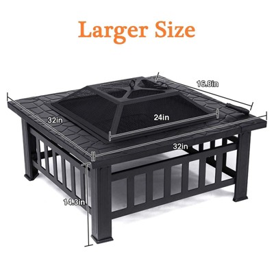 32-Inch Black Square Metal Wood Burning Fire Pit Table