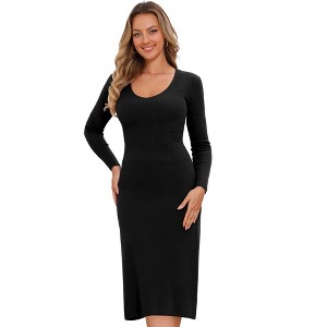 INSPIRE CHIC Women's V Neck Long Sleeve Ribbed Knit Midi Sweater Dresses - 1 of 4
