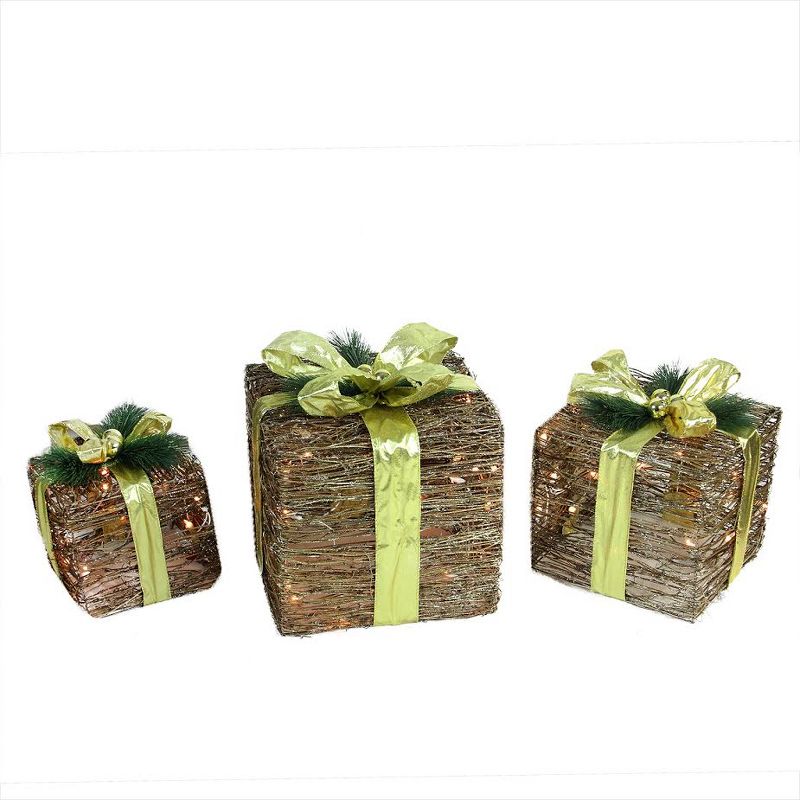 Northlight Set of 3 Brown and Green Lighted Glitter Gift Boxes Christmas Decoration 12", 1 of 4