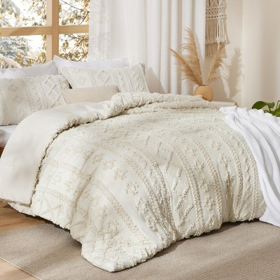 Beige Queen Size Tufted Boho Comforter Set with Embroidery