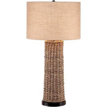 360 Lighting Coastal Table Lamp 28.5" Tall Woven Seagrass Burlap Drum Shade for Living Room Family Bedroom Bedside Nightstand Office