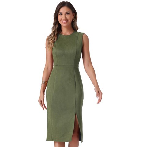Женские платья INSPIRE CHIC Women's Faux Suede Sleeveless Crewneck Split Hem Work Sheath Dress Small Army Green