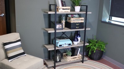 Oak Gray 4-Tier Adjustable Industrial Bookshelf with Steel Frame