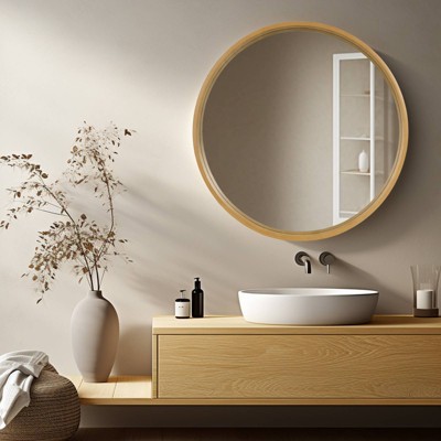 Natural Wood Round Wall Mirror with Silver Accents, 32 Inches
