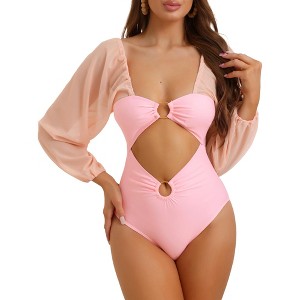 Elerevyo Women's Cut Out Ring Plunge Neck Shirred Long Sleeves Mesh Tummy Control Monokini Swimsuit 1 Pc - 1 of 4