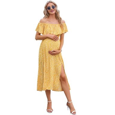 slim fit dress slacks Off White Off Shoulder Gold Mesh Maternity Maxi Dress main image 0