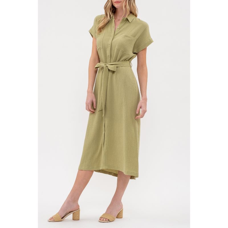 August Sky Women's Solid Point Collar Button Up Shirt Midi Dress, 3 of 5