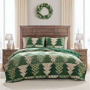 Hallmark Flannel Tree Print Quilt Set Green - 1 of 4